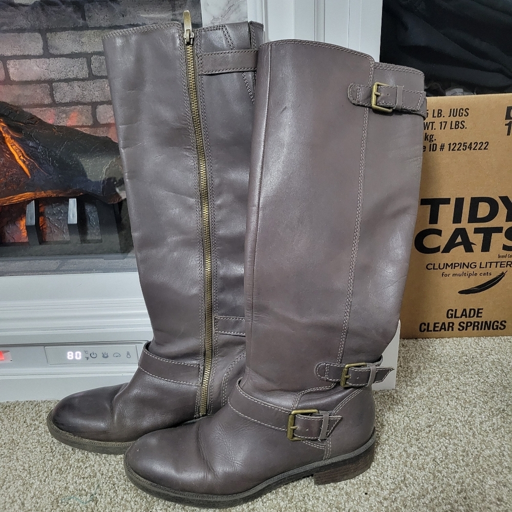 Enzo Angiolini Brown/Gray Zip Up Knee High Riding Boots w/ Buckle Detail, Size 8